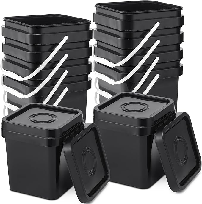Suzile 10 Pcs Food Grade Square Bucket with Lid 1 Gallon Plastic Bucket 4.5L Utility Industrial Pail with Handle Container for Food Oil Tub Water Fishing Paint House Cleaning Car Washing (Black)
