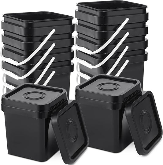 Suzile 10 Pcs Food Grade Square Bucket with Lid 1 Gallon Plastic Bucket 4.5L Utility Industrial Pail with Handle Container for Food Oil Tub Water Fishing Paint House Cleaning Car Washing (Black)