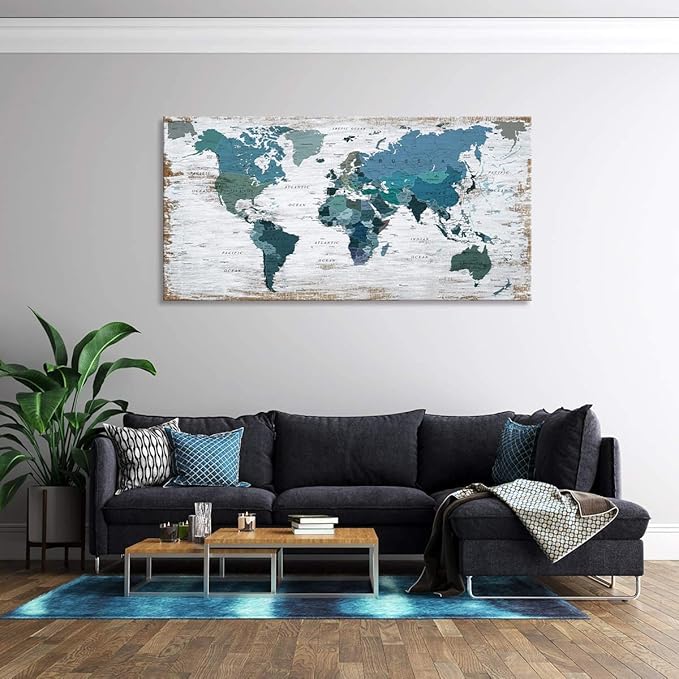 Teal Decor World Map Canvas Wall Art Pictures
