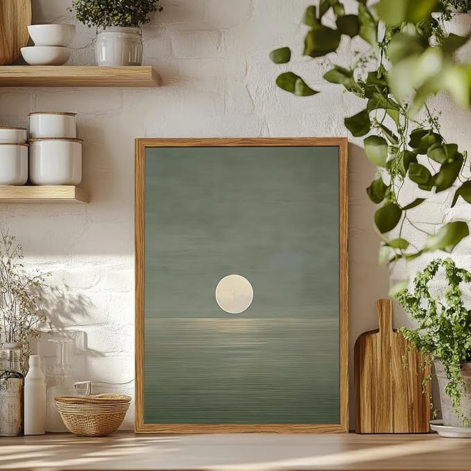 Framed Sage Green Japanese Canvas Wall Art Set of 2, Minimalist Moon and Birds