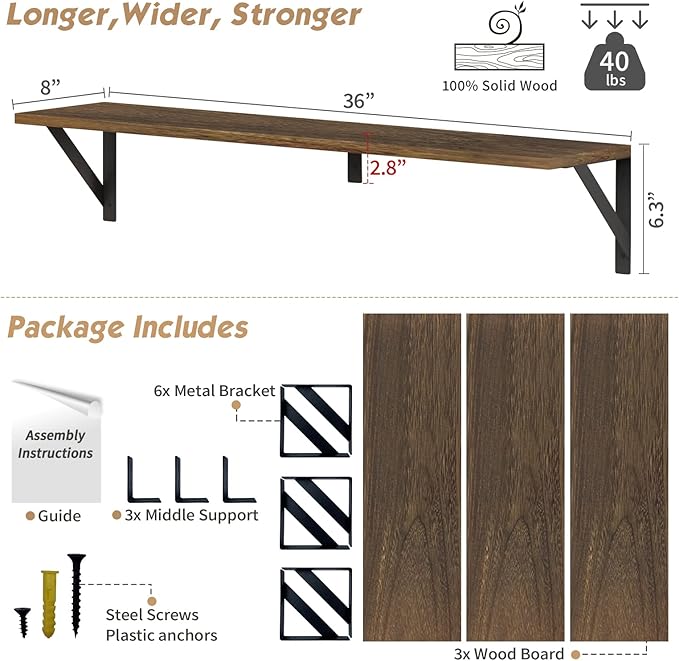 Forbena Floating Book Shelves for Wall Set of 3, 36 Inches Long Wall Bookshelf