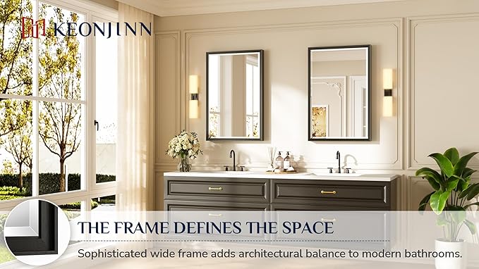 Keonjinn 24" x 36" Black Bathroom Mirror, Brushed Black Framed Mirror