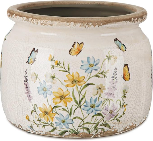 7.7â³ Large Vintage Ceramic Plant Pot with Butterfly Pattern Warm Yellow Rustic Planter with Ice Crackle Glaze & Drainage Hole for Indoor Outdoor Plants Home Kitchen Office Decor Gift