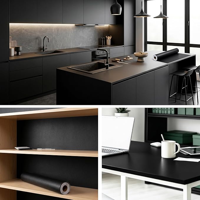 FUKU MON 24"x786" Black Wallpaper Peel and Stick Black Contact Paper Matte