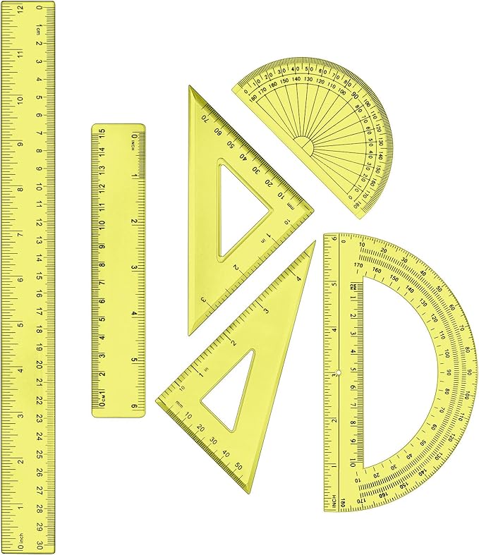 Tenare 1 Set Plastic Clear Math Set Includes Protractor Triangle Rulers 12 Inch 6 Inch Straight Geometry Math Transparent Ruler Measuring Tool for School Office Home Supplies(Yellow)