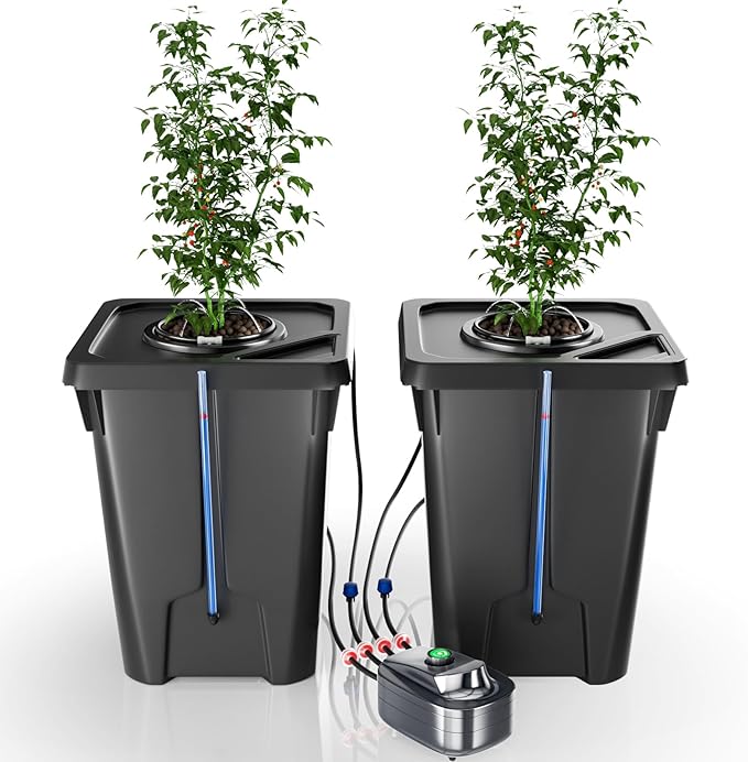 2 Buckets DWC Hydroponics Grow System with Top Drip Kit, 7 Gallon Deep Water Culture with Air Pump, Air Stone, Air Hose, Recirculating Drip Garden System