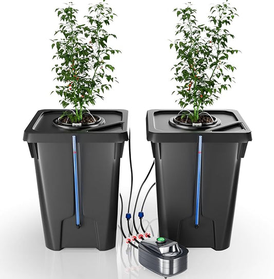 2 Buckets DWC Hydroponics Grow System with Top Drip Kit, 7 Gallon Deep Water Culture with Air Pump, Air Stone, Air Hose, Recirculating Drip Garden System