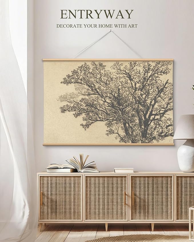 VIYYIEA Extra Large Canvas Wall Art 36x54 Inch Vintage Tree Sketch Landscape Hanging Scroll, Rustic Nature Wall Decor Oversized Artwork for Living Room Bedroom Above Sofa