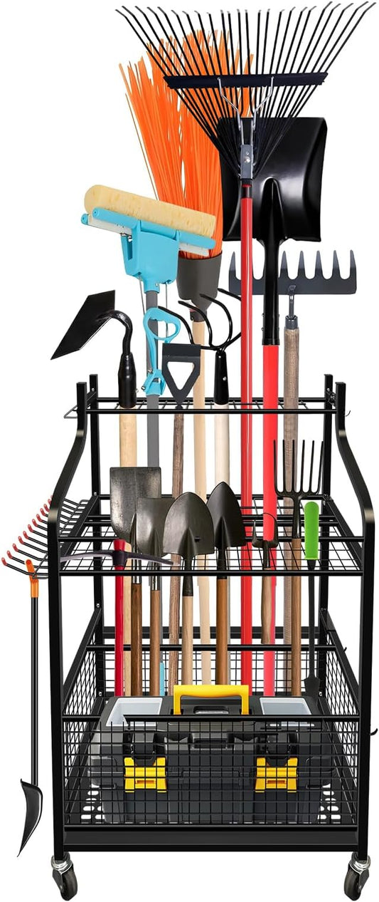Garden Tool Organizer, Yard Tool Organizer with Wheels, Metal Yard Tools Storage, Heavy Duty Garden Tool Organizer for Garage, Partitioned Tool Organizer and Storage for Garage, Tool Stand, Outdoor