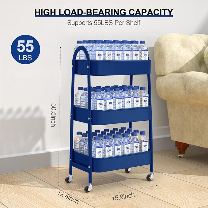 EAGMAK 3 Tier Utility Rolling Cart, Metal Storage Cart with Handle and Lockable Wheels, Multifunctional Storage Organizer Trolley with Mesh Baskets for Kitchen, Living Room, Office, Garage (Indigo)
