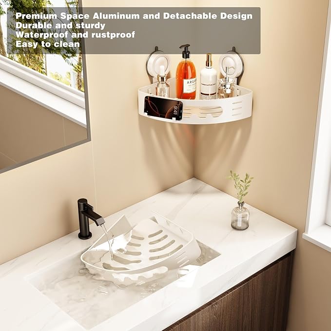 Voldra Corner Shower Caddy Suction Cup, Aluminum Corner Shower Shelves