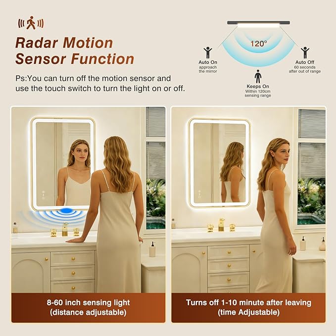 32x40 Inch Gold Framed LED Bathroom Mirror