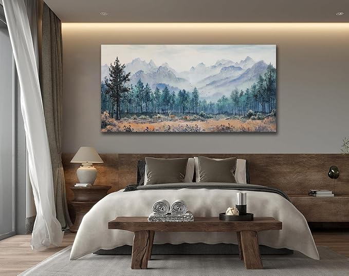 Anolyfi Foggy Forest Mountain Canvas Wall Art, Nature Tree Landscape Painting