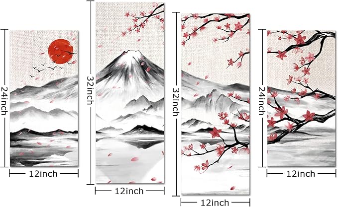 LyerArtork 4 Panel Japanese Ink Painting Wall Art Mount Fuji