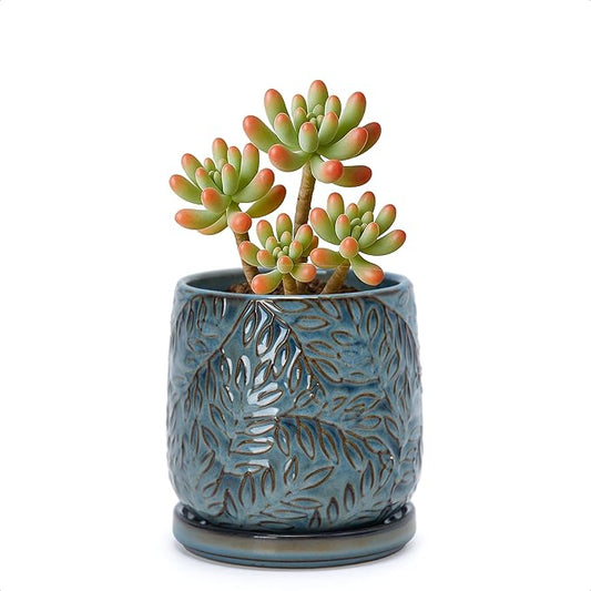 D'vine Dev 4 Inch Embossed Leaves Stoneware Planter Pot with Drainage Hole and Saucer, Ocean Teal, 27-A-Z-8