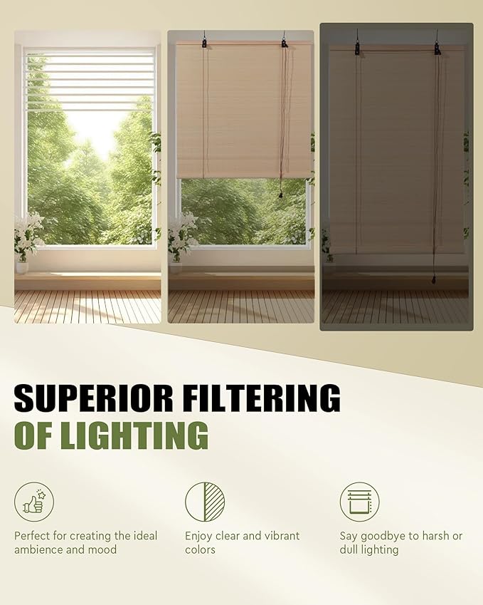 FoundGo Retro Bamboo Blinds 60" W x 72" H Bamboo Roman Shades Light Filtering