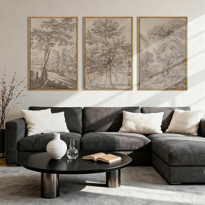 Extra Large Wall Art Framed Vintage Tree Sketch Antique Botanical Forest Prints Rustic Farmhouse Nature Decor for Living Room Bedroom Office 24"x36" Set of 3