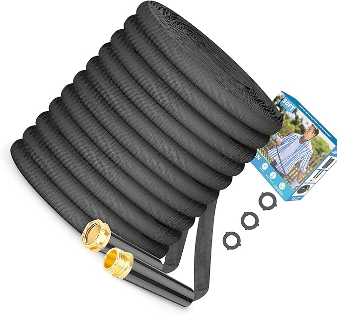 Garden Hose 50FT Non-Expanding, Lightweight Hose With 10-Function Nozzle, Leak-Proof, No-Knot, Easy to Carry, Wear-Resistant, Sturdy 3/4GHT Flexible Water Hose for Yard Garden (Light black)