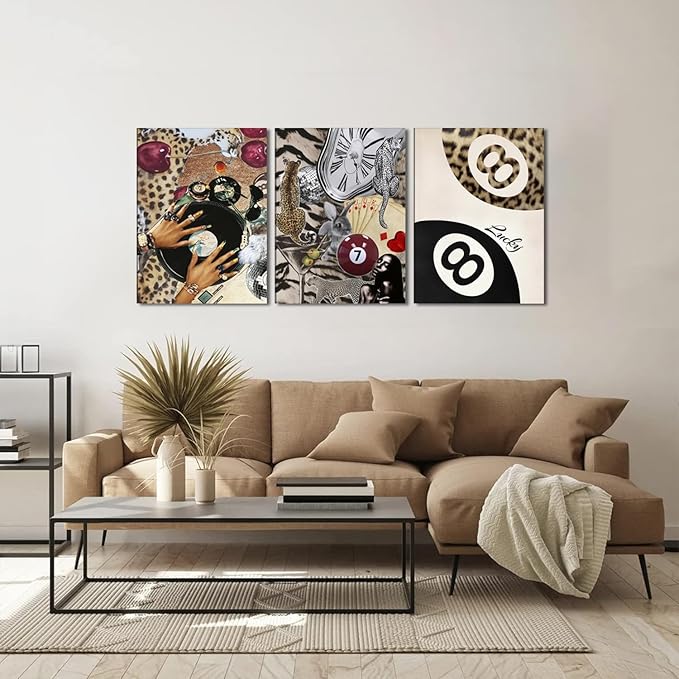 Fashion Cheetah Wall Art Set of 3 Leopard Wall Decor Pictures Lucky 8 Ball