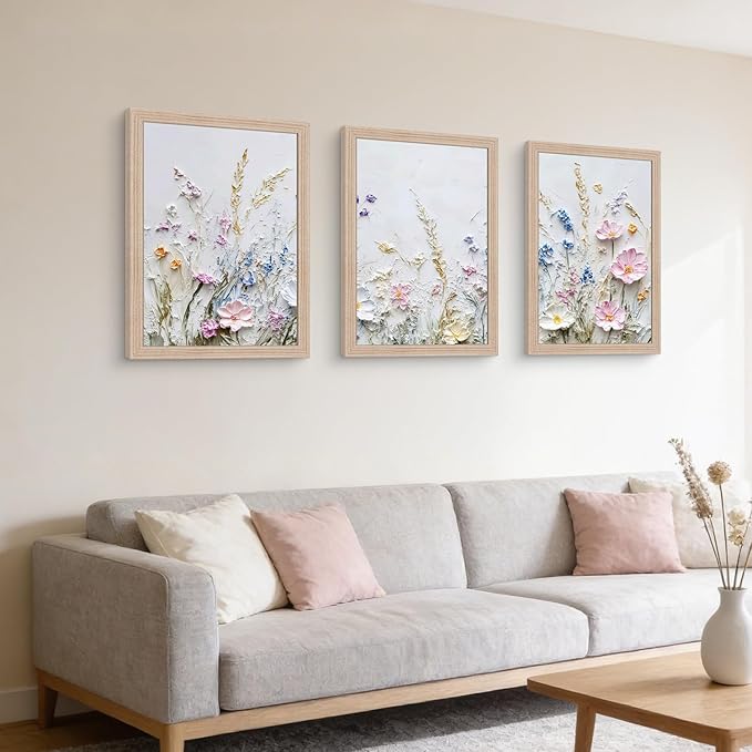 Framed 3D Texture Floral Canvas Wall Art Relief Textured Floral Oil Painting
