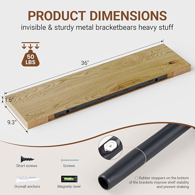 Heimlove Floating Shelves for Wall 36 Inches Long, 9.3" Deep Oak Floating Shelf