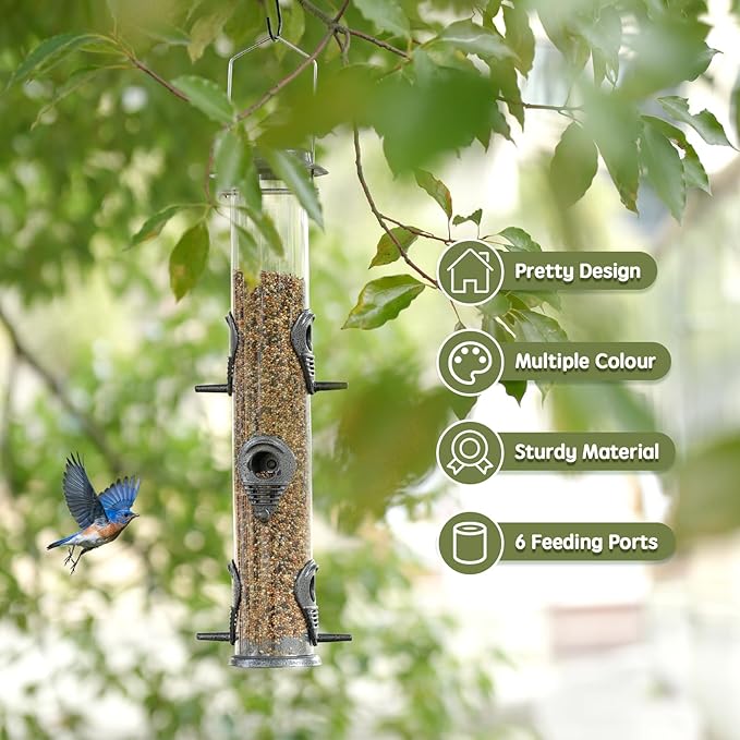 Metal Bird Feeder Tube Hanging Wild Bird Seed Feeder Aluminum Six Port Bird Feeders,1.4 mm Extra Thick Solid Tube Transparent with Steel Hanger Great for Attracting Birds (Grey 2PK)