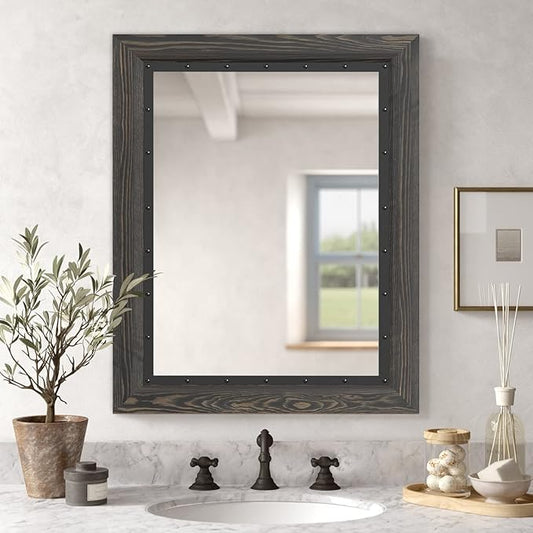 YOSHOOT Rustic Wooden Framed Wall Mirror, 32x24 Inch, Natural Wood and Iron