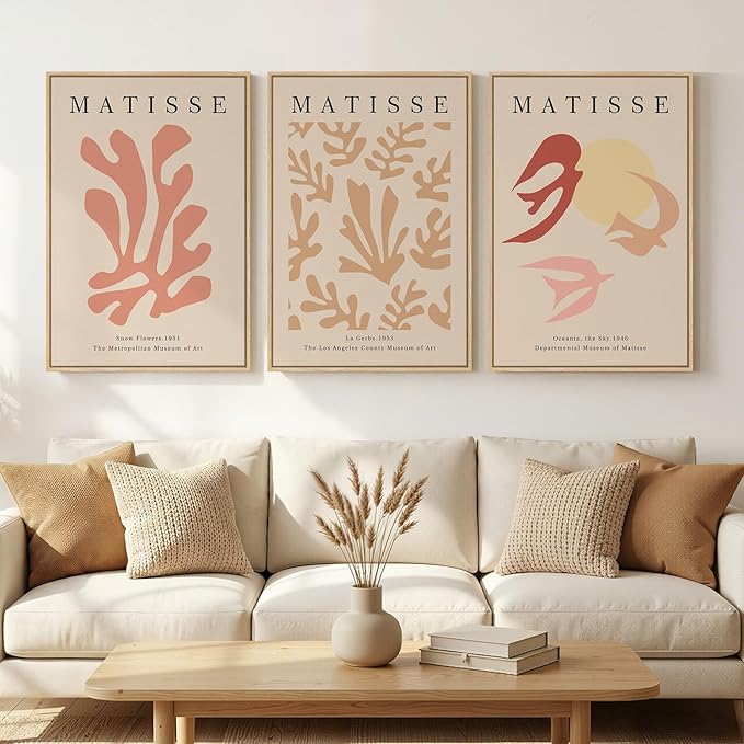 Framed Large Matisse Abstract Wall Art Set of 3, Vintage Neutral Pink Floral