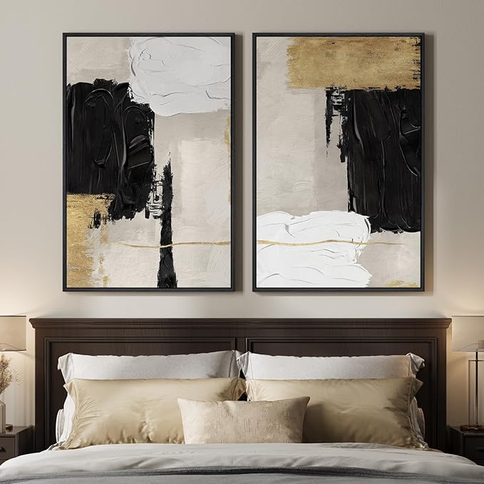 Framed Black White and Gold Abstract Wall Art