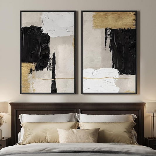 Framed Black White and Gold Abstract Wall Art