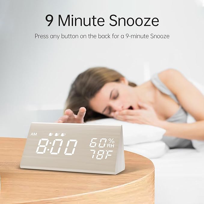 Digital Alarm Clock, with Wooden Electronic LED Time Display, 3 Alarm Settings, Humidity & Temperature Detect, Wood Made Electric Clocks for Bedroom, Bedside (White)