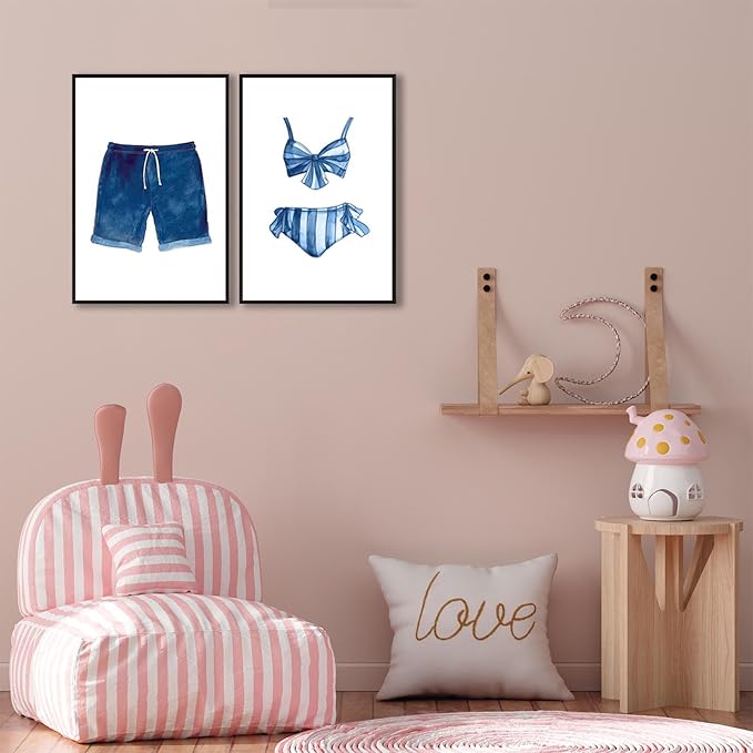 Liyark Set of 2 Retro Navy Blue And White Swimsuit Art Posters Beach Bathing