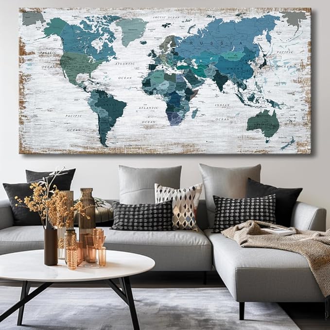 Teal Decor map of the world Canvas Wall Art Pictures