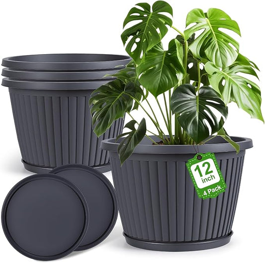 12-inch-Planters-for-Outdoor-Plantï¼Plastic Indoor Flower Pots with Drainage Holes & Saucer, 4 Packs Decorative Garden Pots for Plantfor Home Porch Decor