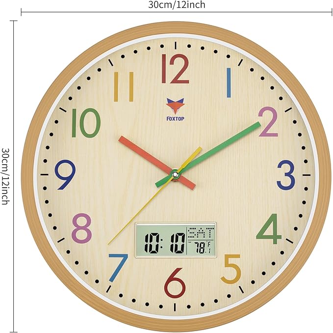 Foxtop Digital and Analog Kids Wall Clock 12 Inch Silent Non-Ticking Battery