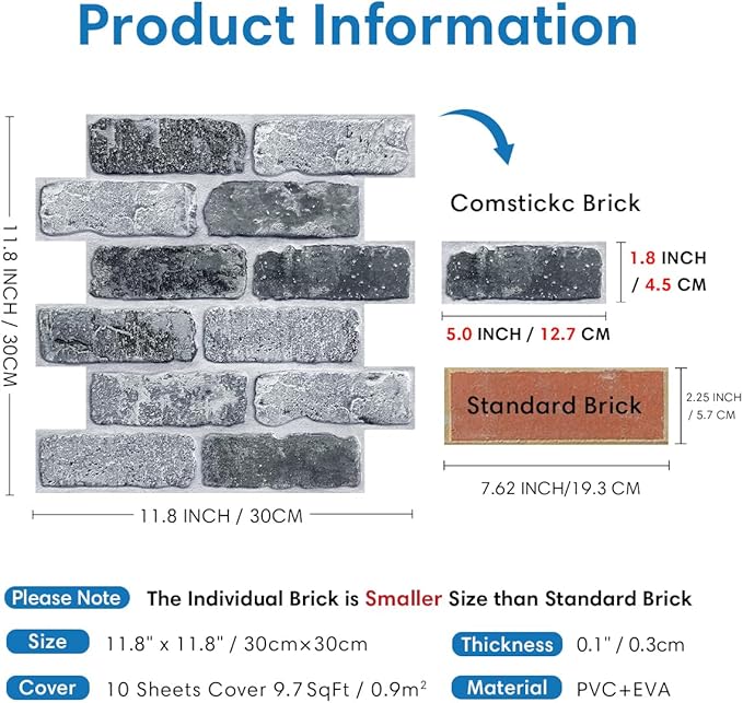 COMSTICKC 3D Faux Gray Brick Wall Panel Peel and Stick, Designed