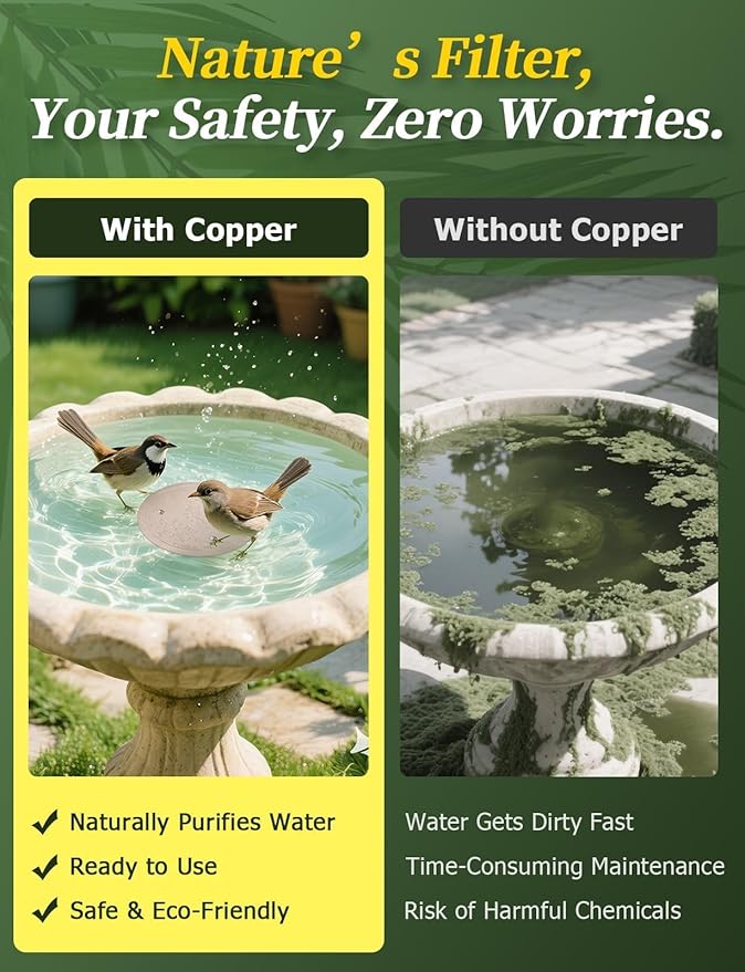 Mellbree 2-Pack Bird Bath Copper Disc, 0.6mm Reinforced 99.99% Pure Copper Cleaning Disk with Triple-Point Support for Physical Safe Clean Water, Universal Fit for Outdoor Birdbath, Bowl (Sunflower)