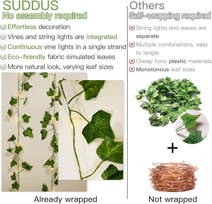 suddus Vine with Fairy Lights Battery Operated, 13.1ft 40 LED Ivy String Light