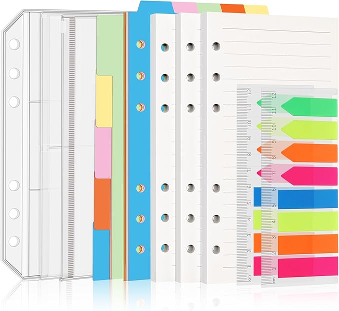 Antner A6 Refill Paper Planner Inserts for A6 6 Ring Notebook Binder, 135 Sheets Lined Filler Paper, 3 Binder Pockets & 10 Dividers & 160PCS Neon Sticky Tabs for Refillable Personal Planners Journals
