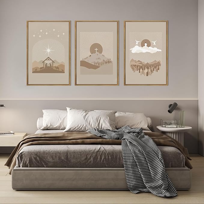 IARTTOP Extra Large Jesus Framed Wall Art 24x36 Inch Set of 3 Easter Brown Nativity Christian Canvas Wall Decor Grey Bible Verse Artwork for Church Living Room Bedroom