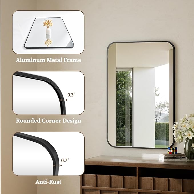 BEAUTYPEAK 30" x 40" Black Metal Frame Rectangle Vanity Mirror