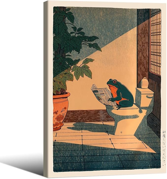 Vintage Japanese Framed Wall Art Funny Frog Bathroom Canvas Print Cute Japanese