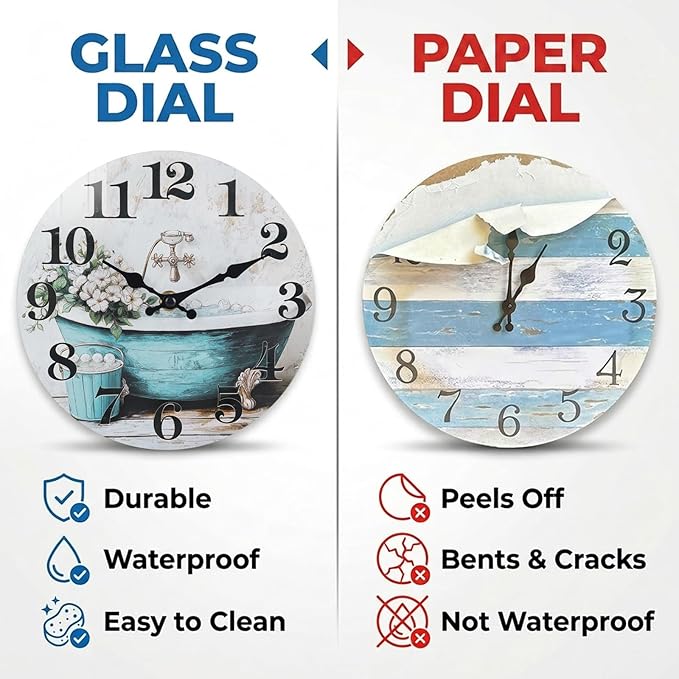 Bathroom Wall Clock, Rustic Style Waterproof Glass Shower Clock Wall Clock