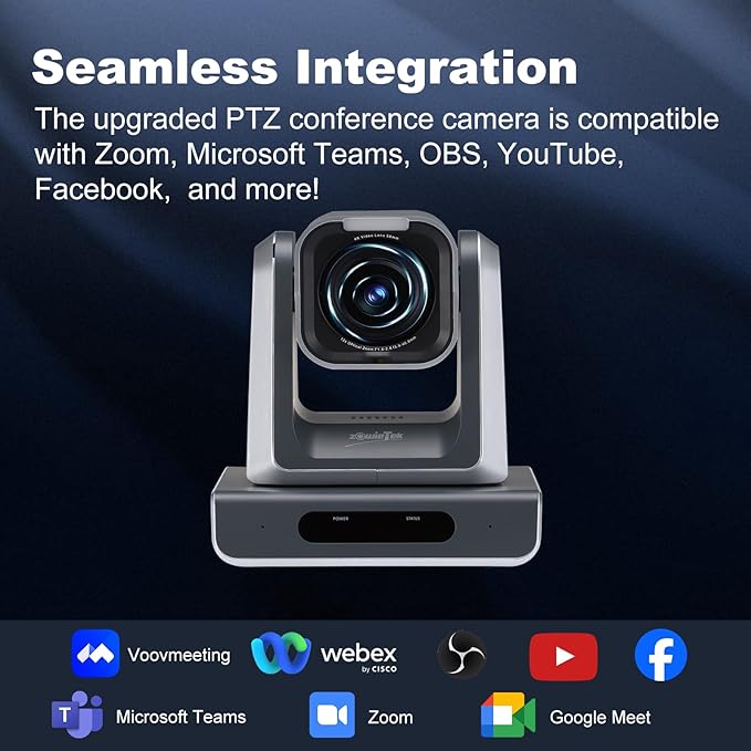 zowietek 4K PTZ Camera, USB/HDMI/LAN Outputs, Wide Angle, 12X Optical Zoom, Ergo-Ease Remote Control, TOF Auto Focus for Video Conference, Meeting, Church, Streaming, Event, Teaching