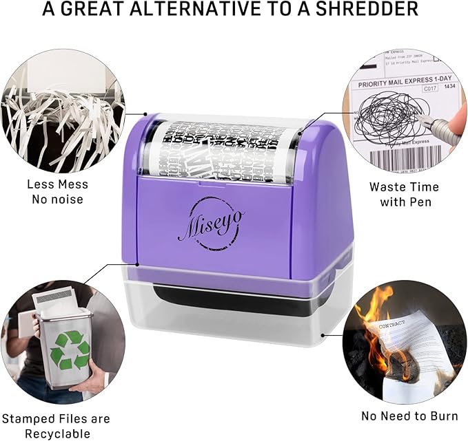 Miseyo Identity Theft Protection Roller Stamp Set - Purple (6 Refill Ink Incleded)