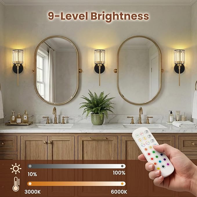 Crystal Battery Operated Wall Sconces, 12 Colors and 3CCT Dimmable Crystal Wall