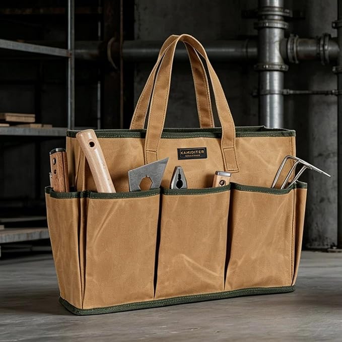 Heavy Duty 14 Inch Tool Bag Organizer with Durable Handle, Portable Canvas Toolbox, Multi-Pockets Canvas Bag Pottery Equipment Tote, Khaki