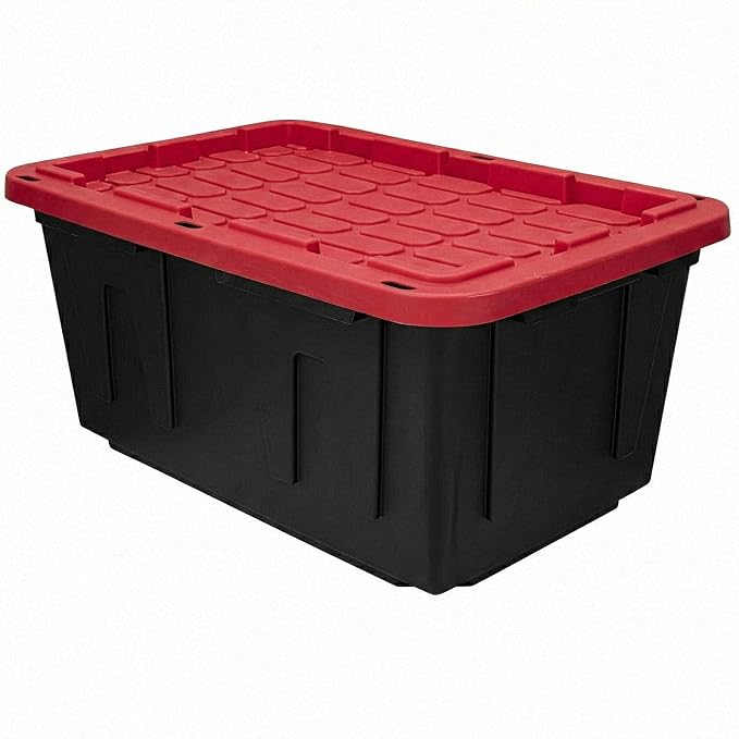 27 Gallon Heavy Duty Storage Bins with Lids â Stackable Industrial Plastic Totes for Garage Organization, Moving, and Attic Storage â Lockable Snap-Fit Container, Black/Red (1 Pack)