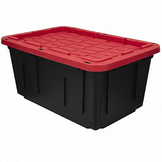 27 Gallon Heavy Duty Storage Bins with Lids â Stackable Industrial Plastic Totes for Garage Organization, Moving, and Attic Storage â Lockable Snap-Fit Container, Black/Red (1 Pack)