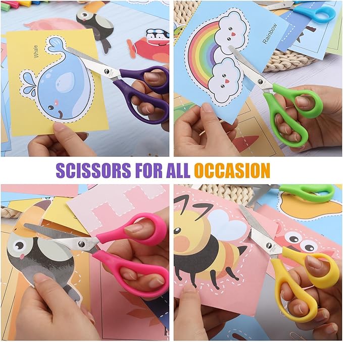 BURVAGY 12Pack 5.5" Safety Small School Kids Student Round Blunt Tip Craft Scissors Bulk, Stainless Steel Blades Comfort Grip Scissors for Kid Children Kindergarten Cutting Paper
